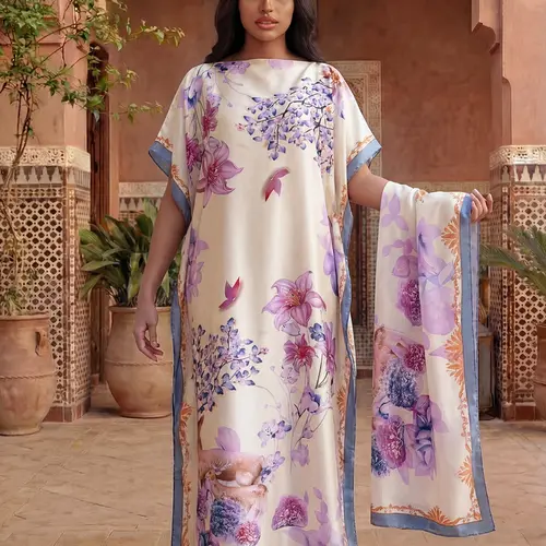 Women's Floral Print Robe Set, Casual Fit Long Dress + 2-in-1 Headscarf Scarf + Hairband, Lightweight Satin Sun Protection Beach Shawl, Casual Boho Chic, Boho Fashion