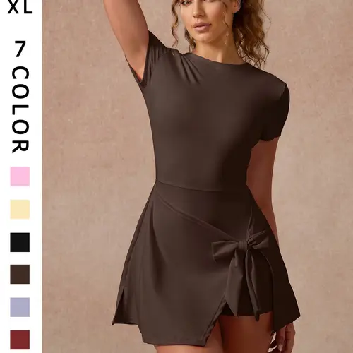 Women's Solid Color Sports Short Sleeve Dress Anti-Chafing Slim Fit Backless Design Yoga Dress, Activewear Dress, Workout Dress, Sports Dresses, Athletic Yoga Dress, Sporty Dress For Gym Outdoor Sports Tennis Wear One-Piece Built Safety Shorts