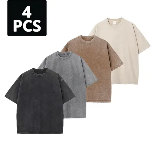 Men's 4-Pack Acid-Wash Distressed Neutral Loose Pure Cotton Crew-Neck Short-Sleeve T-Shirts - Retro Minimalist Menswear, Sports Outdoor Summer Tops, Baggy 90s Vintage Gym Basics,sohochic
