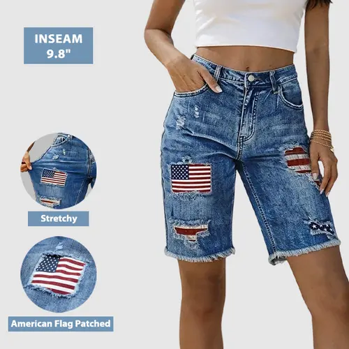 Flamingals American Flag Patched Ripped Raw Hem Mid Rise Denim Bermuda Shorts Womenswear Stretchy 9.8" Inseam