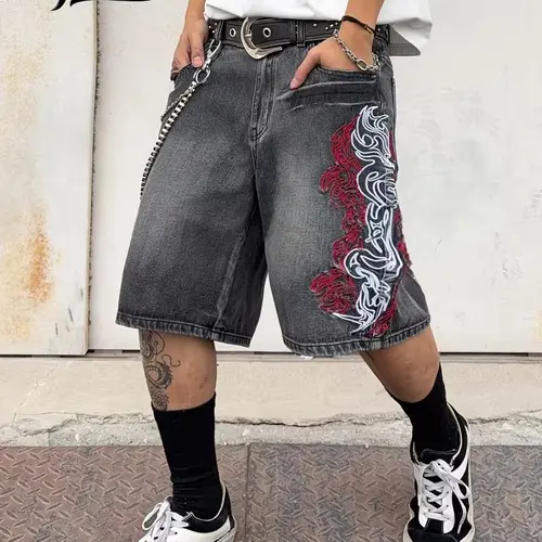UPTHE Vintage Black Wash Flame Embroidery Baggy Denim Jorts, Y2K Streetwear Loose Knee Length Jean Shorts, Casual Daily Outfit Oversized Bermuda Shorts For Men