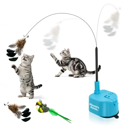 Automatic 360° Swirling Flying Bird Feather Cat Toy - USB Rechargeable Electric Teaser, Strong Sticky Vacuum Suction Cup Base, Reusable, Entertains Indoor Cats, Burns Indoor Energy, Replaceable Feather Parts, Self-Play Toy