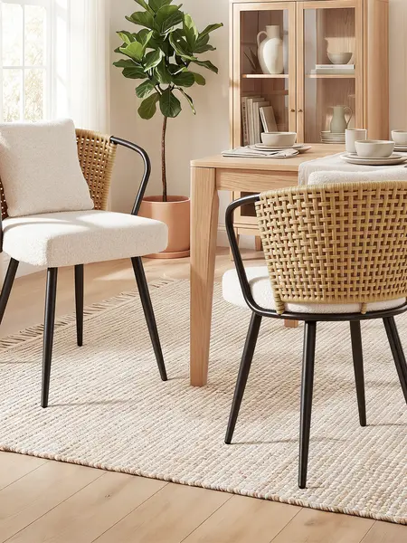 Rattan Dining Chairs Set,Modern Upholstered Kitchen Chair with Metal Legs, Ergonomic Curved Backrest, Mid Century Living Room Lounge with & Throw Pillow