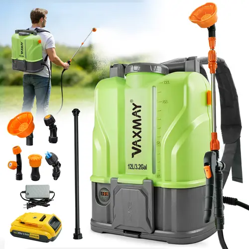 【Toolupgrade】VAXMAY Battery-Powered Backpack Sprayer, 3.2 Gal 100 PSI Strong Spraying Electric Tool, DeWalt 20V Batteries Compatible, 2 Wands, 5 Nozzles, 2.0 Ah Cell, Charger, Breathable Back Padding, Digital Voltage Display for Comfortable Carry, F