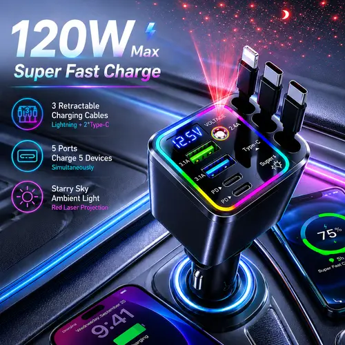 Nuokaiqi 120W 9-in-1 Car Charger Block, Auto Accessories Car Interior Accessories with 4 Retractable Cables, 5 Ports, Atmosphere Lamp, LED Voltage Display, RGB Light | Phone Charger for iPhone 17/16, Galaxy S25/S24, MacBook, iPad | Road Trip Essential too