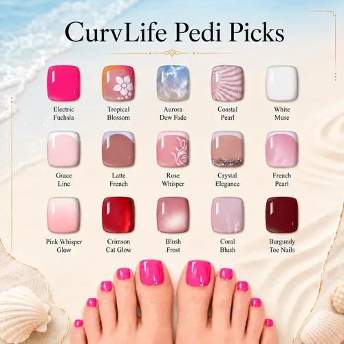 CurvLife Coastal Luxe Toe Press-On Nails | 30 / 36 PCS | Glossy Full Cover Fake Toenails, Reusable Pedicure Set with Elegant Vacation-Inspired Designs, Comfortable Fit, Easy Apply, Salon-Quality Toenails for Resort, Beach and Summer Escape Looks