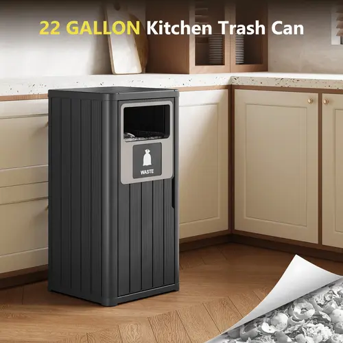 22-Gallon Weatherproof Heavy-Duty Plastic Outdoor Trash Can, Compact Weather-Resistant Resin Indoor/Outdoor Bin, Easy to Clean & Assemble, Ideal for Patios & Kitchens (Black)