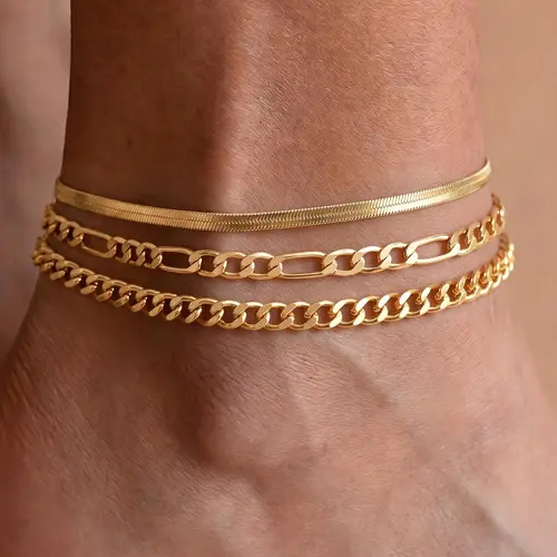 FREEKISS Gold Anklet Set, Cuban Chain, Women's Multi-Layer Anklet, Women's Anklet, Fashionable Everyday Accessory, Waterproof Jewelry Gift for Mother's Day or Back-to-School