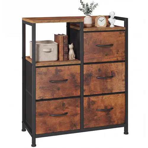 Sweetcrispy 5-Drawer Fabric Bedroom Dresser - Multi Drawer Organizer with 2-Tier Shelf, Wood Cabinet Indoor Furniture for Bedroom, Hallway