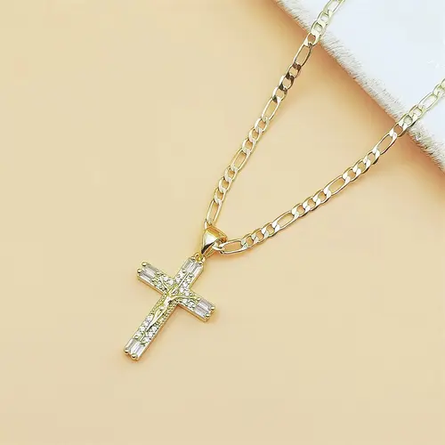 14K Gold Plated Cubic Zirconia Inlaid Jesus Crucifix Pendant Necklace - 23.62in (60cm) Copper Figaro Chain, Christian Style Unisex Religious Jewelry for Daily Wear, Men's Accessories, Accessories Adults,sohochic