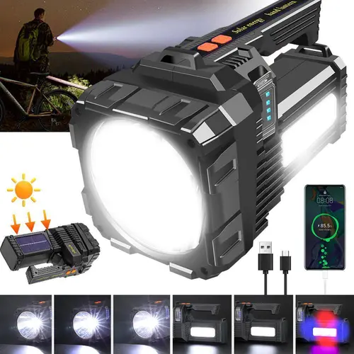 Solar LED Spotlight Flashlight, Rechargeable Waterproof Searchlight, Portable Super Bright Flashlight with USB Charging and Power Bank#DealsForYouDays Led Flashlights Outdoor Led Flashlight
