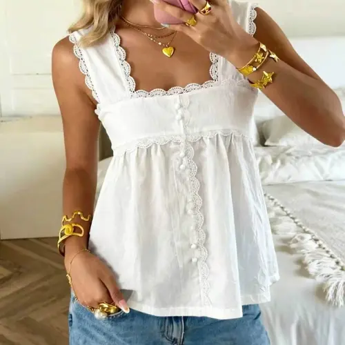French Square Neck Lace Trim Sleeveless Top for Women, Chic Summer New Arrival, Loose Fit Slimming Babydoll Vest, Casual All-Season Wear