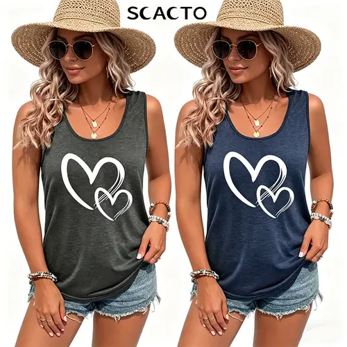 Scacto Hearts Print Crew Neck Tank Top, Casual Sleeveless Tank Top For Summer, Women's Clothing, Chic, Polyester, Jeans, Comfortable