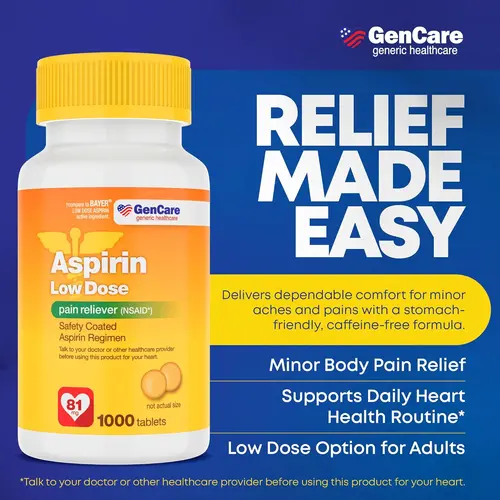 【HSA/FSA Eligible】GenCare Low Dose Aspirin 81mg Tablets – Bulk Value 1000 Count – Safety Coated Aspirin Regimen for Doctor-Directed Use – Pain Reliever and Heart Health Support – Generic for Bayer