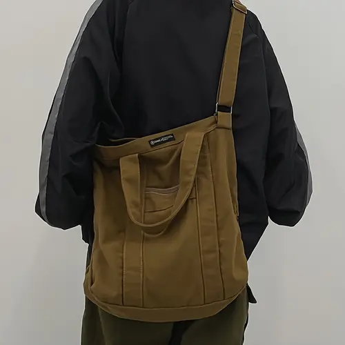 Men's Retro Japanese-Style Solid Black Canvas Shoulder Bag, Adjustable Strap, Bold Retro Look, Portable Men's Crossbody & Shoulder Bags for Commuting, Sports, Going Out
