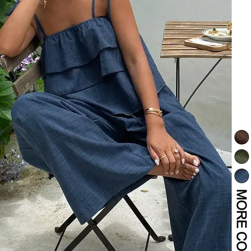 Women's 2-Piece Fitted Casual Sleeveless Top with Ruffle Design + Comfortable Long Pants Set, Matching Sets, Womenswear, Perfect for Daily Wear, Vacation & Commute, Sleeveless Lounge Set