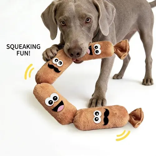 4-Link Squeaky Sausage Dog Toy - Soft Plush Edges Gentle in Mouth, Interactive Chew for Aggressive Chewers, Multi-Knot Tug for Hunt-Instinct Play, Helps Redirect Chewing Energy Indoors & Teeth Cleaning