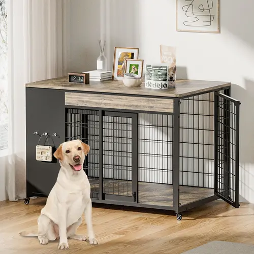 【SohoChic】42'' Rustic Brown Double Door Coated Metal Dog Crate - Heavy-Gauge Steel Furniture-Style End Table, Raised Wood Top & Wooden Base, Soft Floor, Lockable Wheels, Hanging Feeding Tag, Easy Assembly (Toolkit Included), Water-Resistant Surface