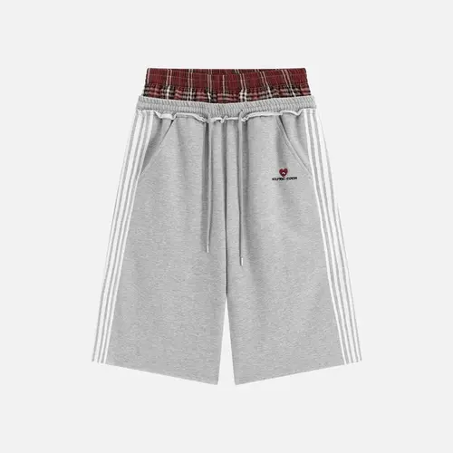 Aelfric Eden Double Waist Plaid Patchwork Longline Shorts High Waist Double Waistband Design Side Stripe Detail  Soft  Fabric Retro Sporty Streetwear Unisex Bottoms