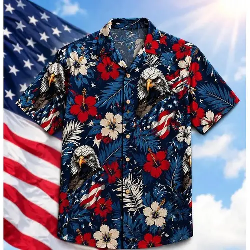 Men's Patriotic USA 250-Year Celebration Hawaiian Shirt 1776-2026, Vintage Floral Tropical Hibiscus Fabric Crew Neck Comfy Button-Down Casual Top #TikTokMadeMeBuyIt#AmericanStyle#250Years#Trendy, Relaxed Fit