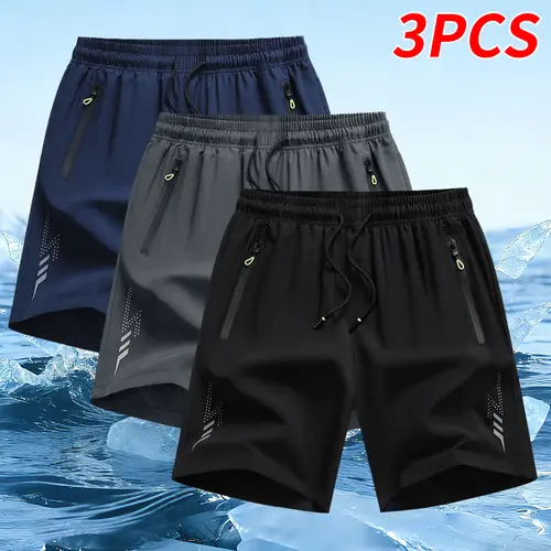 Men’s 3-pack quick-dry athletic shorts, menswear, solid color breathable design, zippered pockets, drawstring waist, multiple sizes available, suitable for gym and everyday outdoor wear，summervibes