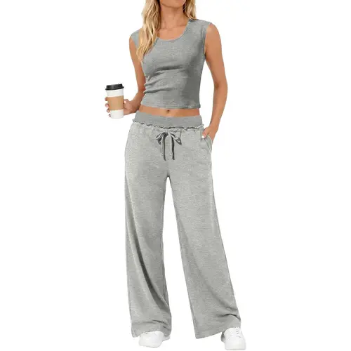 Fisoew Womens 2 Piece Lounge Sets Crop Tank Tops Wide Leg Pants Matching Sets,,summeroutfits,vacationoutfits,bathingsuitwomenset,beachoutfits