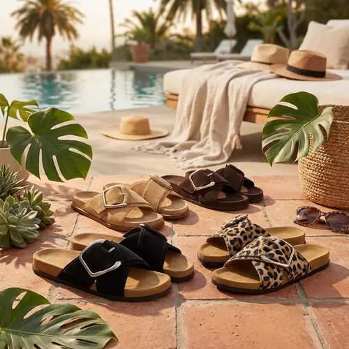 Women's Multi-Size Designer-Inspired Buckle Sandals - Suede Upper, Open Toe, Wide Foot Friendly, Casual Flat Slides with Cushioned Bed, Hook Loop Design, Oversized Buckle for Beach Vacation, Travel Wear,sohochic