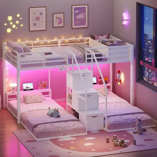 ADORNEVE Heavy Duty Alloy Steel Twin Over Twin Triple Bunk Bed Frame - With Storage Staircase, RGB LED Light, USB Port, Drawers, Headboard Shelf, Secure Safety Guardrails, Anti-Tip Wall Anchor for Modern Bedroom Small Spaces Indoor Furniture, Rgb Lights,