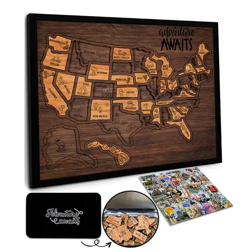 Flinelife Handcrafted Wooden USA Travel Map Puzzle - 13x11in Aluminum Home Decor Box, Anniversary/Birthday Gift for Couples to Create a Beautiful Visual Record of Adventures, Handcrafted Wooden Puzzles, Desk