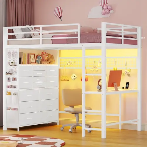 ADORNEVE Twin Loft Bed with Desk,14 Storage Drawers & Power Outlet, Kids Loft Bed Twin Size with LED Lights, Pegboard, Metal Loft Beds with Safety Guardrail & Ladder, Space Saving for Teens