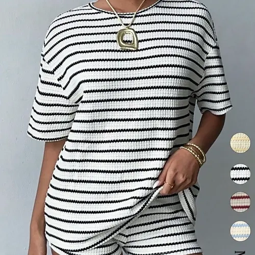 Women's Striped Loose Two-Piece Set, Casual Round Neck Short Sleeve T-Shirt & Elastic Waist Shorts, Summer Wear, Womenswear, Clothes