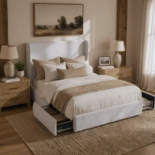 RECCI Wingback Bed Frame with 2 Storage Drawers, 52” Tall Headboard, Upholstered Platform Bed, Heavy Duty, No Box Spring Needed, Bed Frames, Queen Bed Frame,dorm essentials,home decor,sohochic