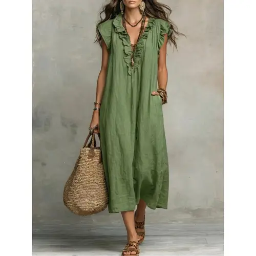 VVZ Women's Bohemian Ruffle Neck Maxi Dress, Sleeveless Spliced Light and Flowy Casual Long Dress for the Beach