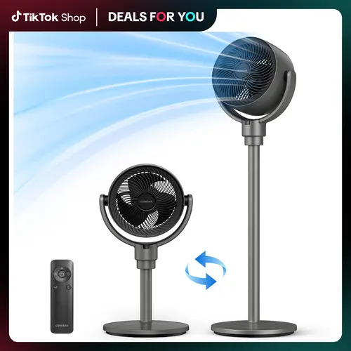 COWSAR Standing Pedestal Fan for Bedroom - 20dB Quiet, 150°+120° Auto Oscillation, 6 Speeds, 3 Modes, 7H Timer, Button Control, Built-in & Remote Control, Automatic Power Off, Whole Room Air Circulator, White Adjustable Fan