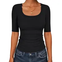 ANRABESS Womens Half Sleeve Tops Scoop Neck Ribbed Knit Slim Fitted Basic Tee Shirts Summer 2026 Spring Casual Outfit