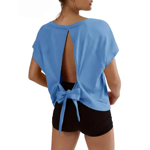 FISOEW Workout Crop Tops for Women, Oversized V-Neck Short Sleeve Tie-Back Open Back Shirt, Casual Activewear Clothing for Gym, Casual Workout Shirts, Athletic Style Shirt, Women's Clothes, Gym Workout Apparel