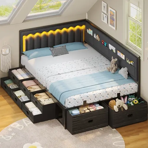 ADORNEVE Full Size L-Shaped Corner Bed Frame - Metal Wood Faux, 8 Drawers, 6 Storage Pockets, RGB Wave Lights, Upholstered Guardrail, 12 Metal Slats, Requires Assembly, Storage Organization Bed Frames for Kids, Full Size Bed