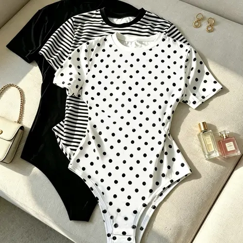 Women's Polka Dot Striped Solid Color Short Sleeve Romper, Round Neck Slim Fit T-Shirt, 3-Piece Set, Casual Daily Wear, Minimalist Fashion