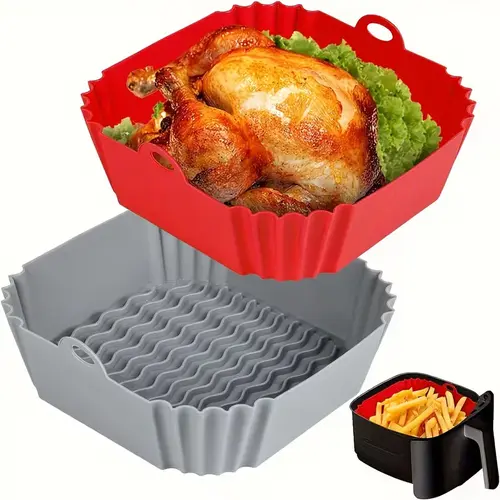 Kitchen Reusable Square Silicone Air Fryer Liners, 2/4pcs Non-Stick Liners for 5-8QT Air Fryer Baskets, Heat-Resistant up to 464°F for Baking, Roasting, Microwave Use, Red+Blue