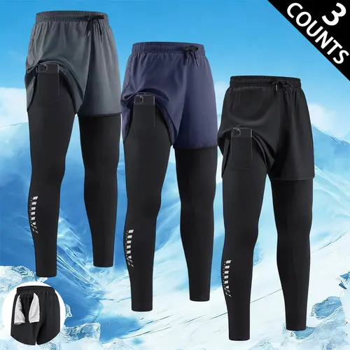 Men's 3-Piece 2-in-1 Running Tights Set - Athletic, Body-Fitting, Multi-Sport Pants with Pockets, Elastic Waistband, Quick-Dry, Breathable, Compression, Sweat-Wicking for Gym, Jogging, Training, Athletic Men's Pants, Body-Fitting Men's Pants