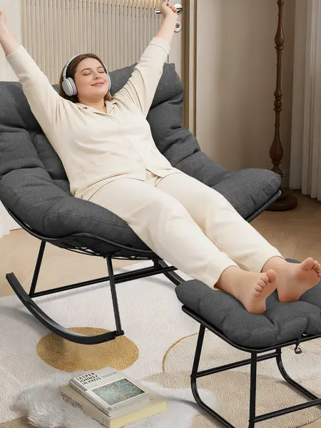 Outdoor Oversized Papasan Rocking Chair with Footrest & Ottoman, Sturdy Metal Frame Comfy Heavy Duty Barrel Chair, Patio Rattan Egg Rocker Furniture for Balcony, Backyard