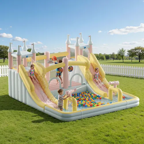 ALBOTT Soft Pastel PVC/Oxford Inflatable Water Slide Bounce House Park (7 Sizes) - Kids Sports Outdoor Play Jumper with Jumping Area, Climbing Wall, Splash Pool, Water Gun, Air Blower for Ages 3-12, Event Gift[tiktokshopbacktoschool][SohoChic]