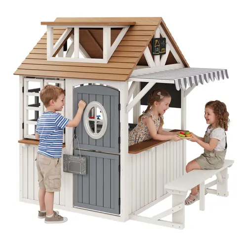 ALBOTT Unisex 4-Size Kids Wooden Playhouse with Kitchen Set - Durable Fir Wood, Pre-Cut Panels, Roof, Rust-Resistant Hinges, BPA Free - Cottage Core Decor, Interactive Toys, Children Development - Outdoor 3-8 Years Toy