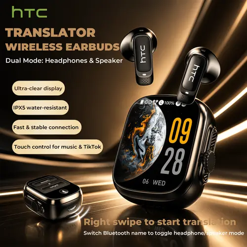 HTC NE72 Wireless Smart Screen Bluetooth Earbuds - Audio Electronic Device, Headphone with Mode Switch via Bluetooth Name Change, Translation Function, 2 Touch Modes: Music Control & TikTok Scroll/Like, Wearable Tech