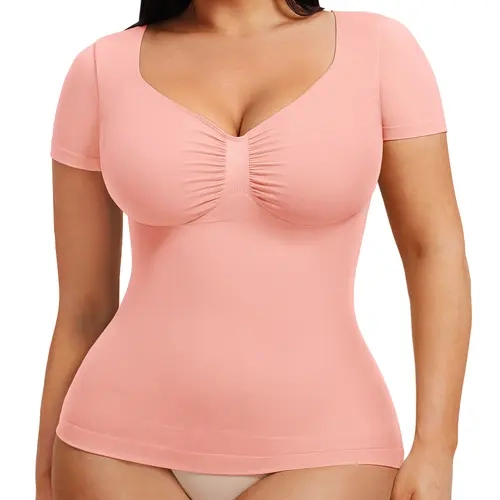 FeelinGirl Short Sleeve Bodysuits for Women Tummy Control Casual Stretchy Basic Body Suits Slimming Tops T Shirts