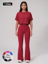 Women's Quick-Dry Yoga Set, Short Sleeve Tight-Fit Top & Long Pants, High-Intensity Workout Sportswear, Athletic Sports Clothing, All Season Activewear