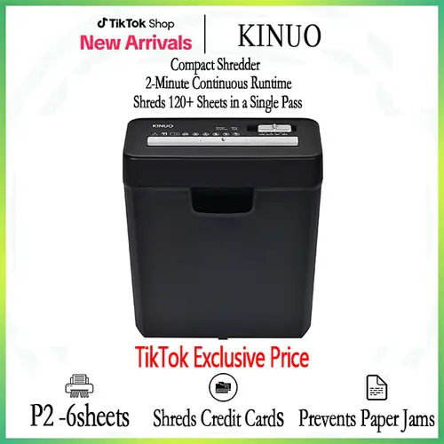 KINUO 6-Sheet Paper Shredder, P2 Security Strip-Cut Shredder with Anti-Jam System, Portable Office Home Shredder,sohochic