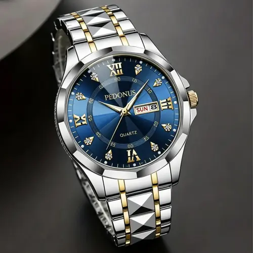 Men's Classic Luminous Quartz Wristwatch - Stainless Steel Band, Gold Accents, Blue Dial with Calendar (Date & Day Indicator), Business Fashion Elegant Accessory, Round Case, Classic Fashion Men's Watches