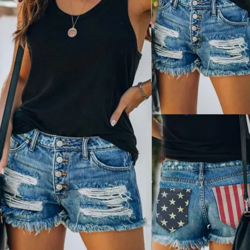 Independence Day American Flag Print Bottom Tassel Denim Pocket Shorts, Casual Fashionable Shorts, Women's Ripped Denim Shorts, Casual Jean Shorts, Comfortable Summer & Spring Wear, Y2K Style, Button Fly Closure, A-Type Silhouette, Plain Pattern