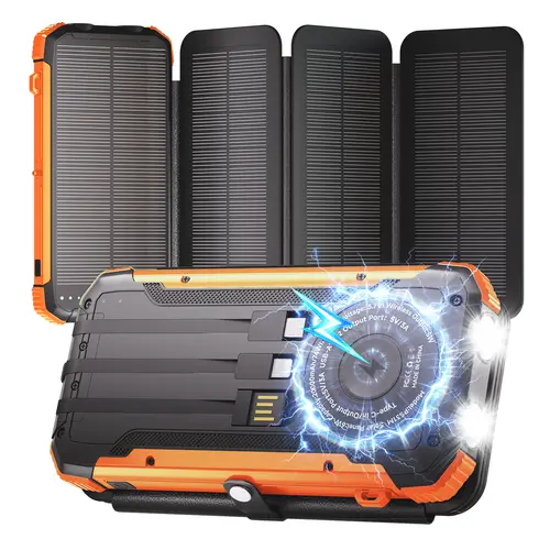 20000mAh Solar Powered Portable Charger (4 Foldable Solar Panels), Phone Accessories with Built-in Wireless/3 Cables, PD 15W Fast Charging, 6 Ports, Dual Flashlights, Carabiner, Waterproof EDC Everyday Carry Gear for All Mobile Devices,sohochic